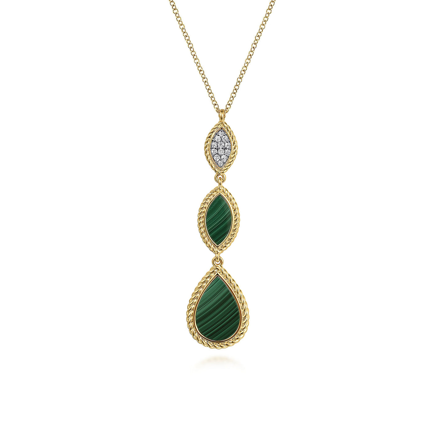 14K Yellow Malachite and Natural Diamond 17.5 inch Necklace