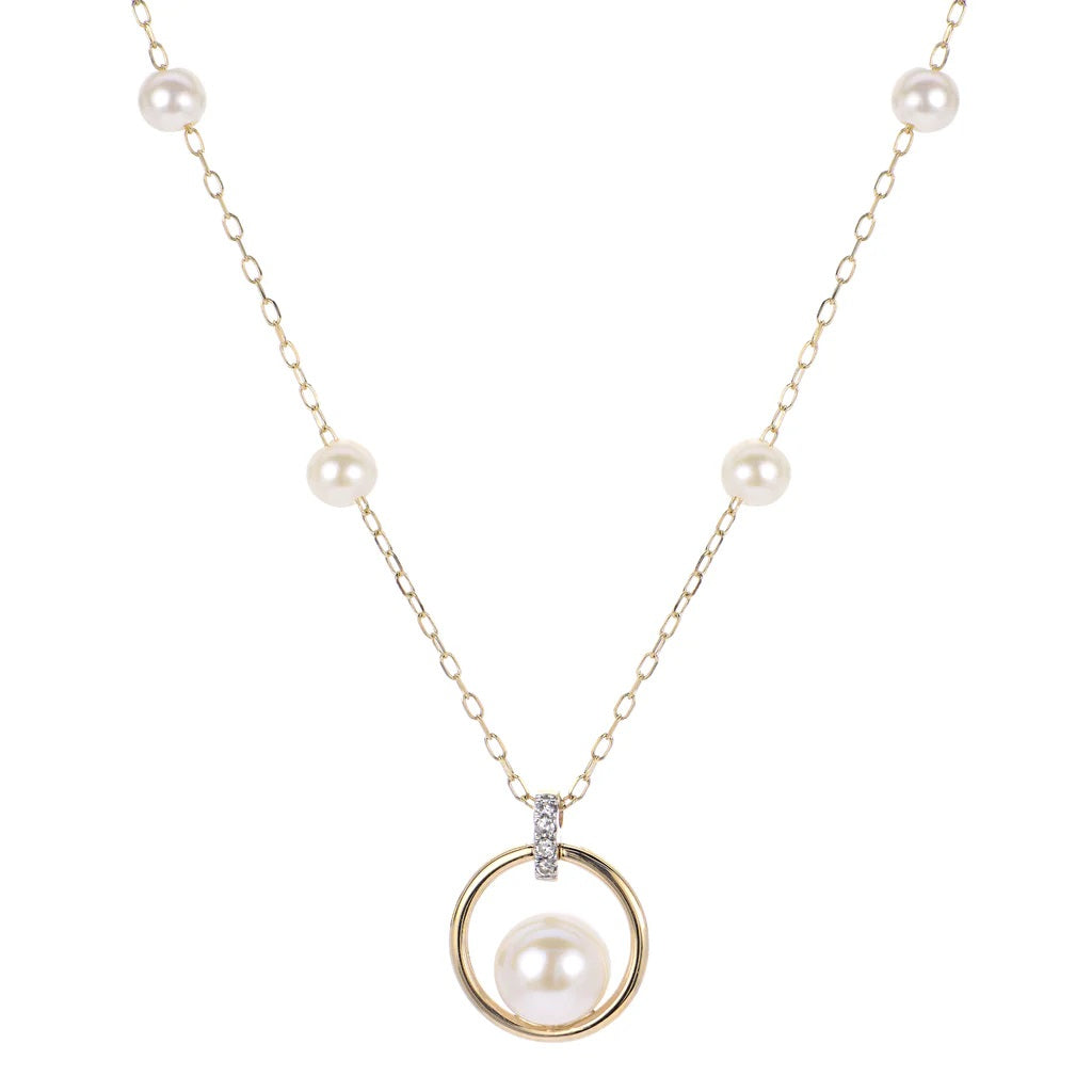 18 inch Fresh Water Pearl and Natural Diamond Necklace with 14K Yellow Clasp