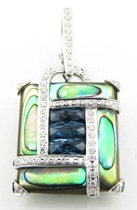 14K White Abalone,Blue Topaz and Natural Diamond Pendant
