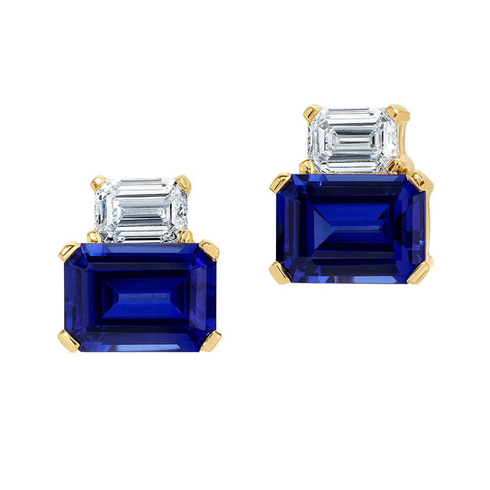 14K Yellow Gold Blue Sapphire and Lab Grown Diamond Stud Earrings