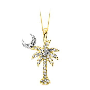 14K Yellow & White Natural Diamond Palm Tree w/Moon Pendant