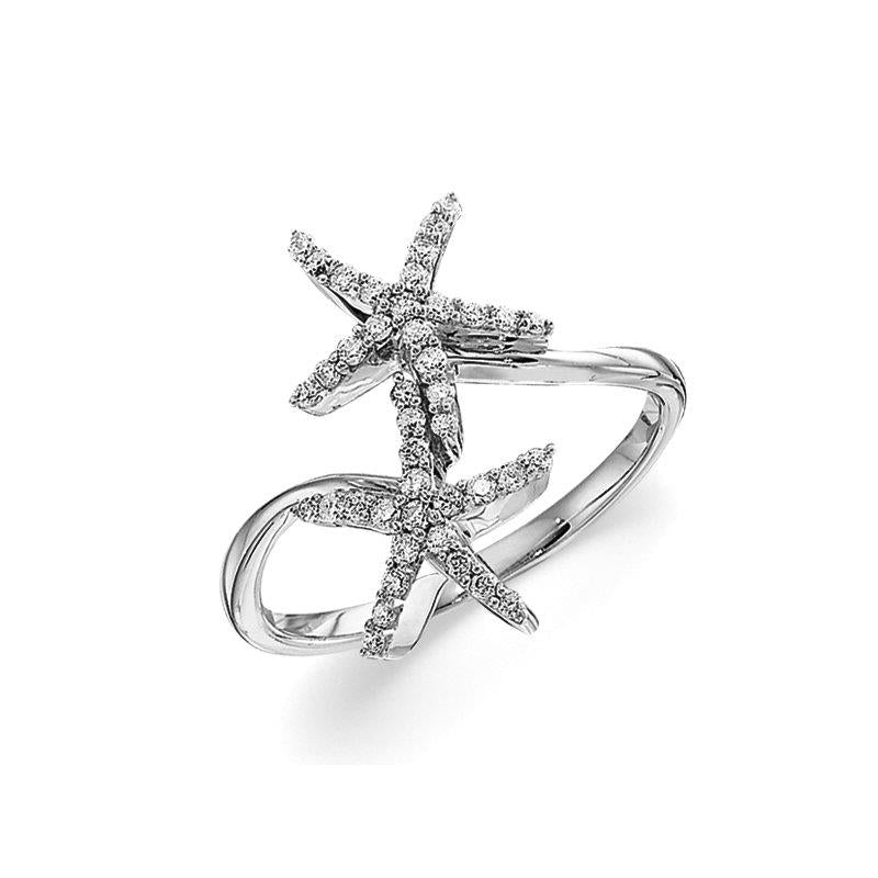 14K White Double Starfish Natural Diamond Ring Size 6.5