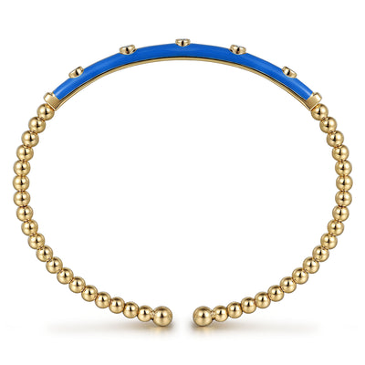 14K Yellow Blue Enamel and Natural Diamond Cuff Bracelet