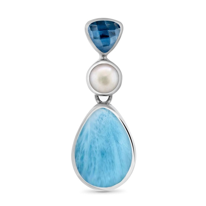 Sterling Silver Larimar, Fresh Water Pearl and Blue Spinel 20 inch Necklace