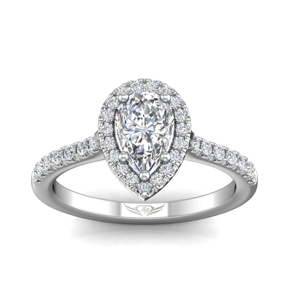 14K White Pear Natural Diamond Halo Engagement Ring