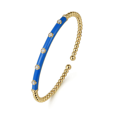 14K Yellow Blue Enamel and Natural Diamond Cuff Bracelet