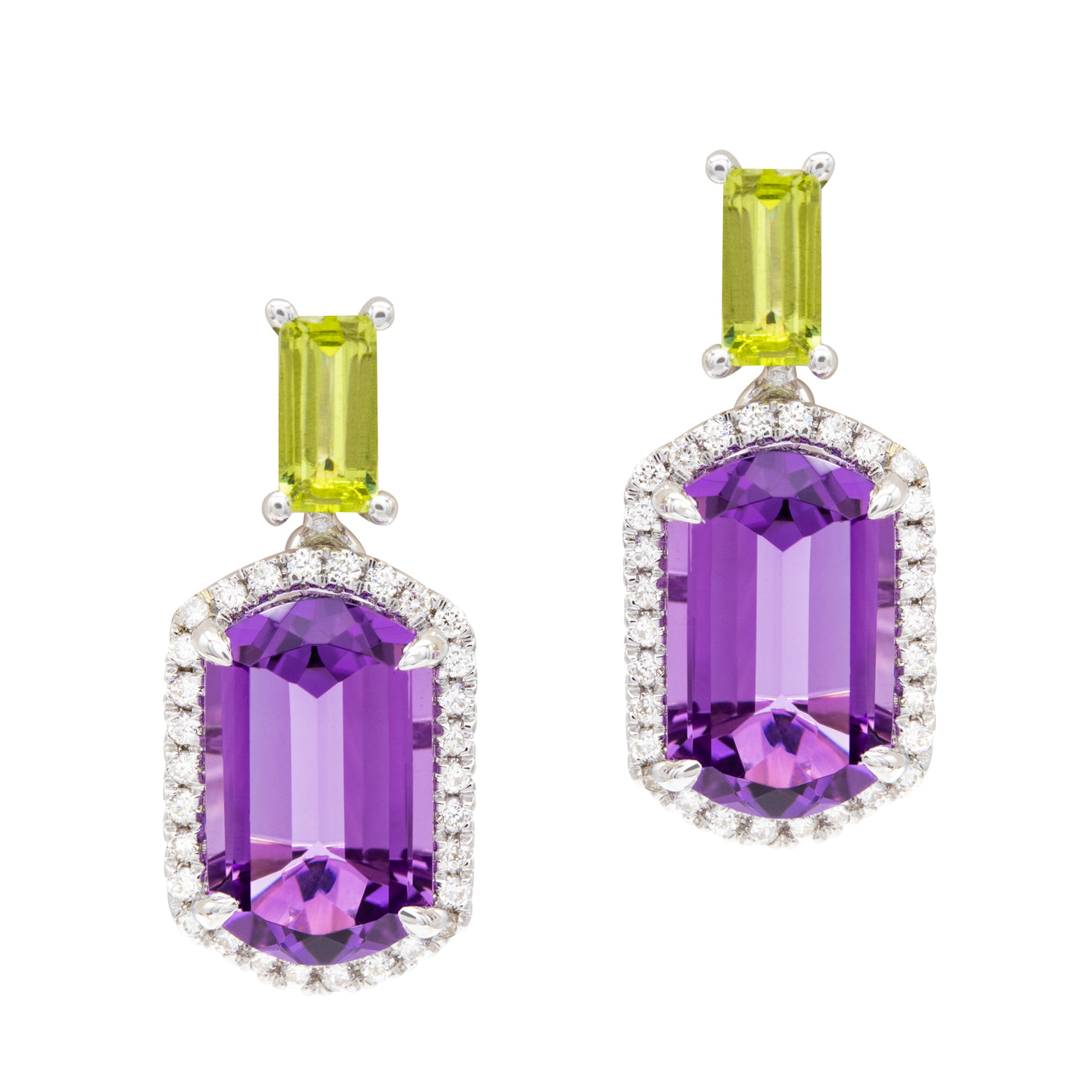 14K Yellow Gold Amethyst, Peridot and Natural Diamond Dangle Earrings