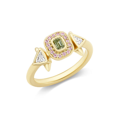 18K Yellow Gold Three Stone/Halo Natural Diamond Ring