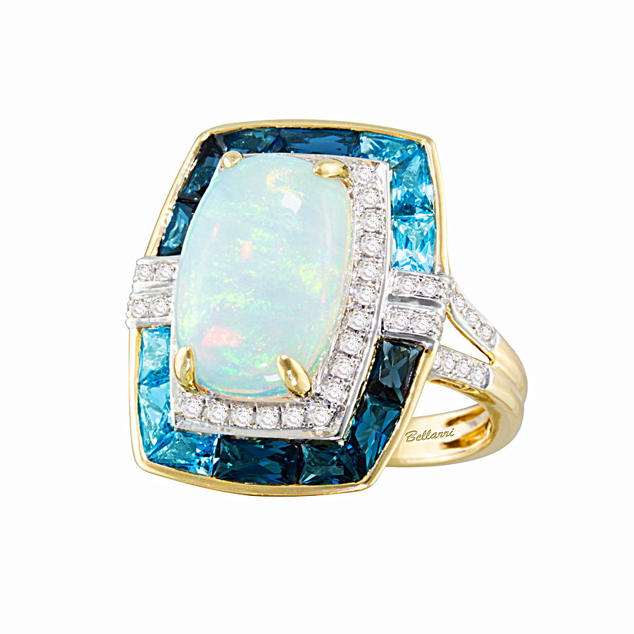 14K Yellow Gold Opal and Blue Topaz and Natural Diamond Ring