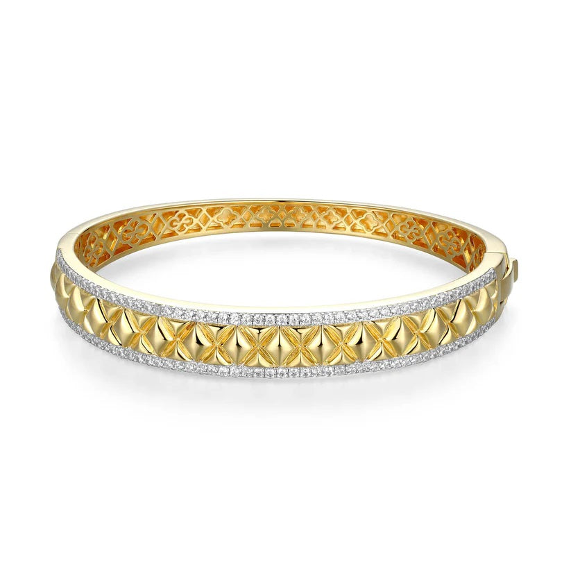 Sterling/14K Gold Finish Hinged Bangle Bracelet with Cubic Zirconium Size 6.75