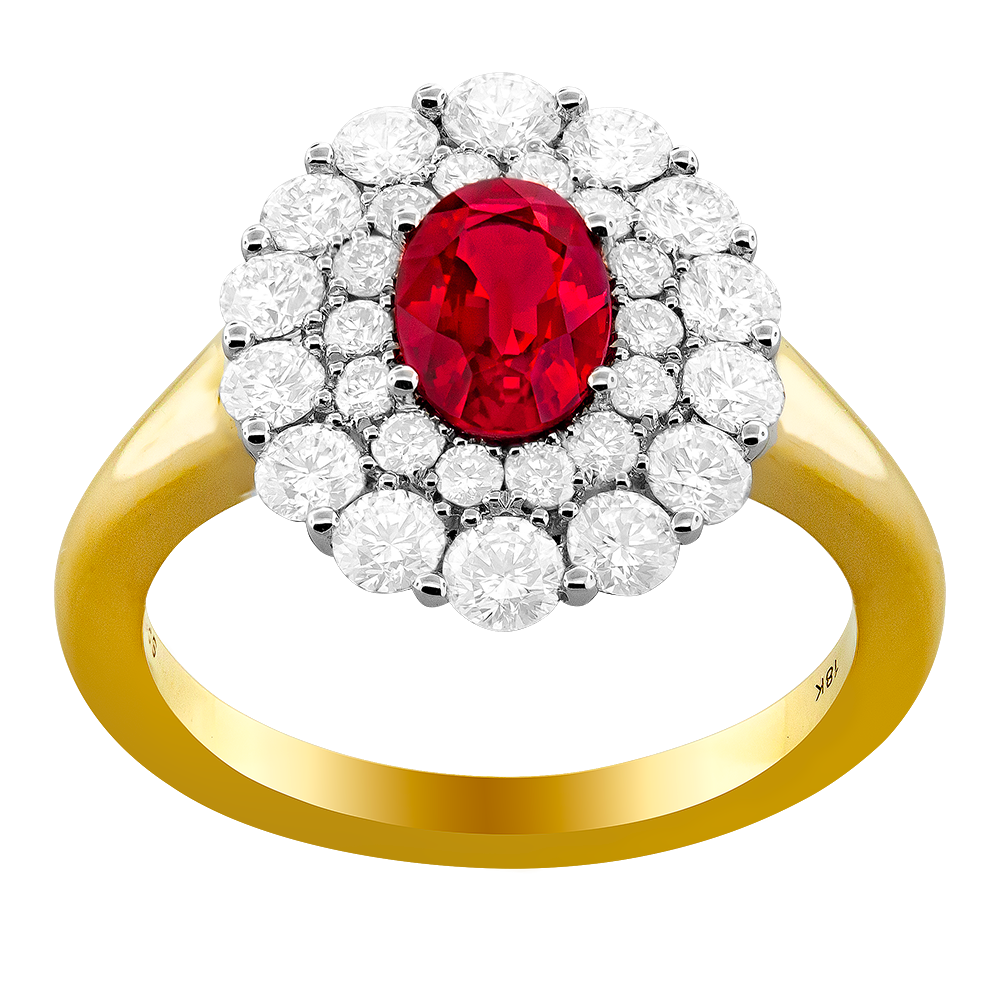 18K Yellow & White Double Halo Ruby and Natural Diamond Ring Size 6.5