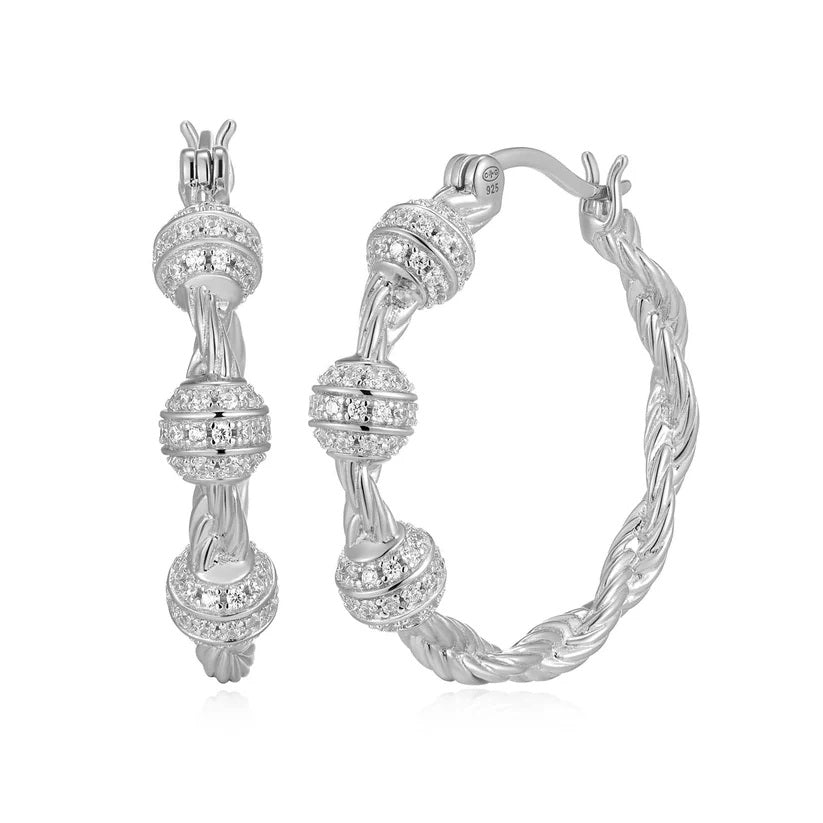 Sterling/Rhodium Finish Hoop Earrings with Cubic Zirconium 30 mm