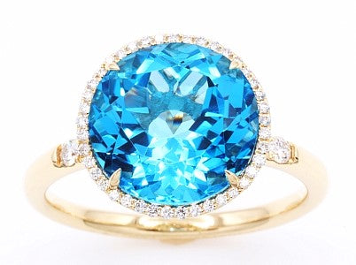 14K Yellow Gold Halo Blue Topaz and Natural Diamond Ring