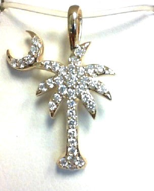 14K Yellow Natural Diamond Palm Tree w/Moon Pendant