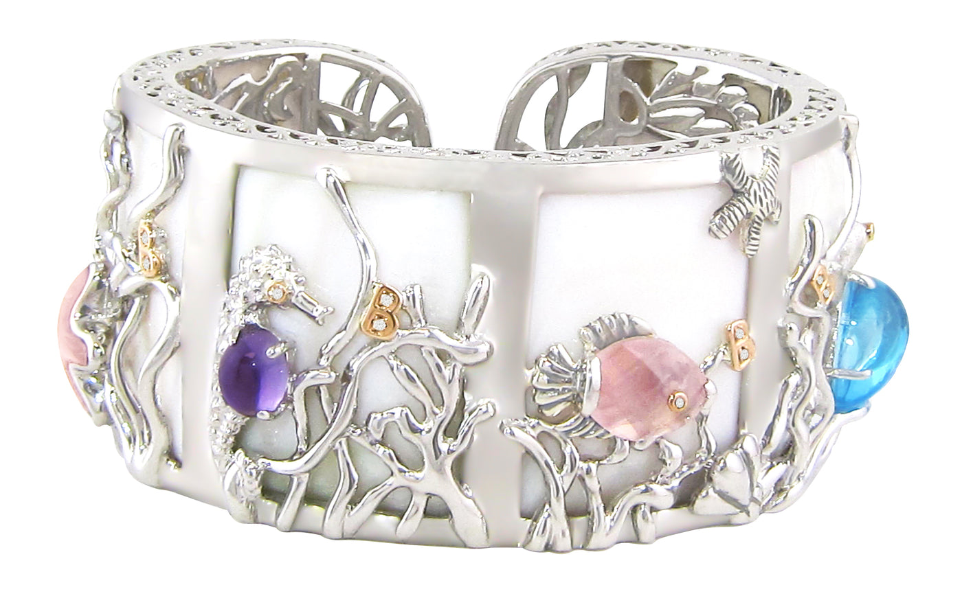 Sterling/14K White & Yellow Gold Multi-Gemstone and Natural Diamond Cuff Bracelet