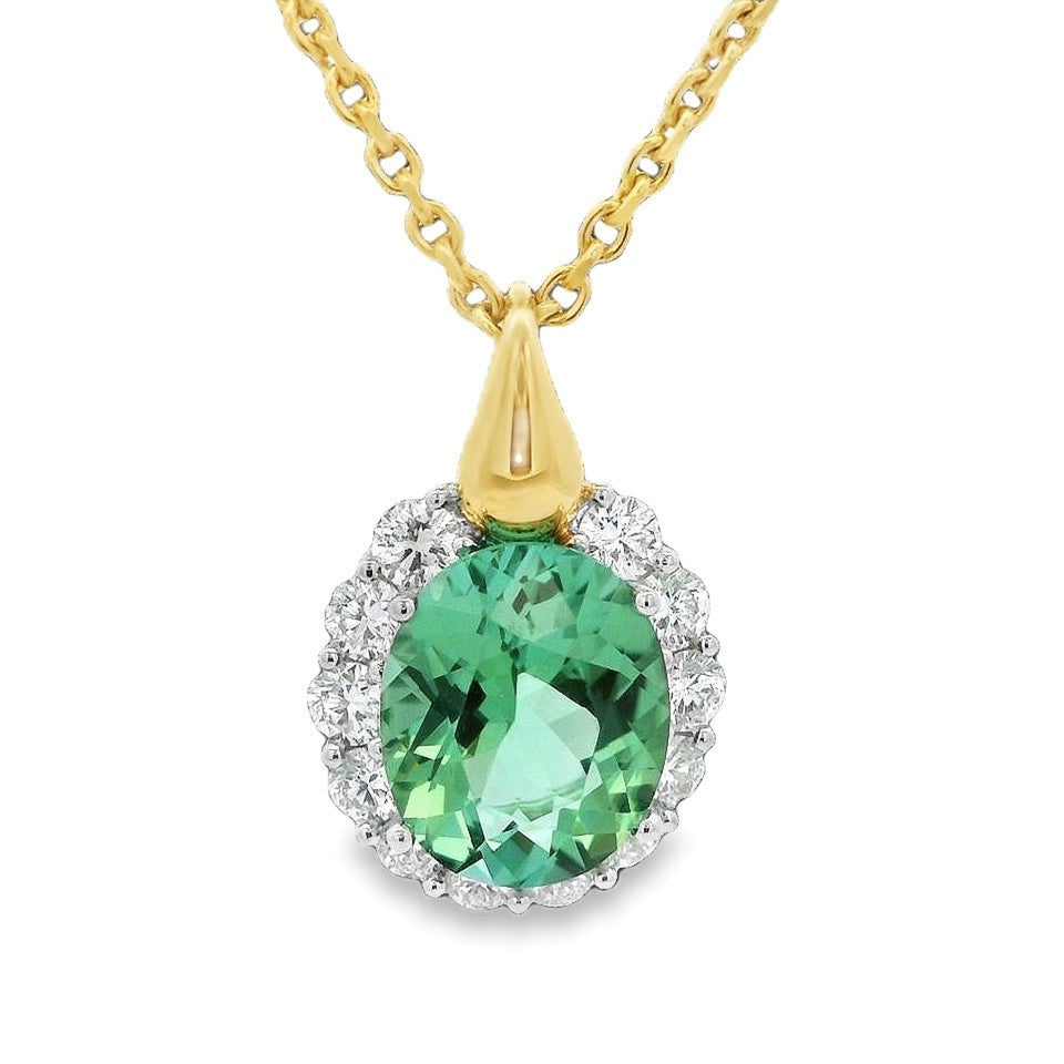 18K Yellow & White Green Tourmaline and Natural Diamond 17 inch Necklace
