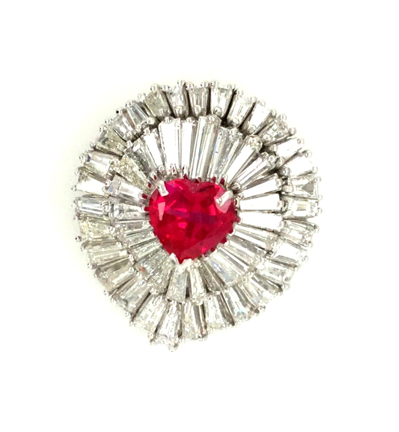 14K White Natural Diamond and Synthetic Ruby Brooch