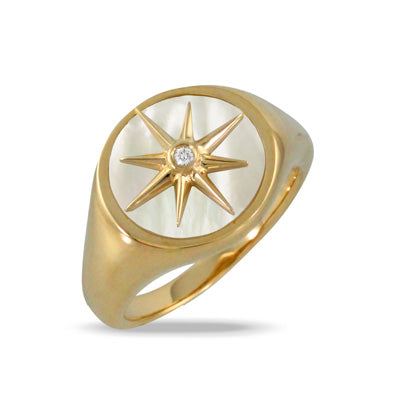 18K Yellow Starburst Mother of Pearl and Natural Diamond Ring Size 6.5