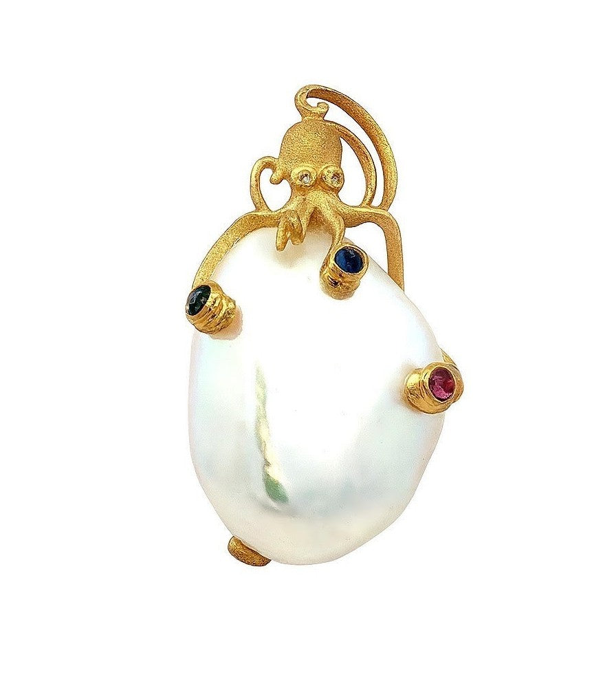 14K Yellow Gold Pearl, Sapphire and Natural Diamond Octopus Pendant