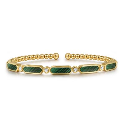 14K Yellow Malachite and Natural Diamond Cuff Bracelet