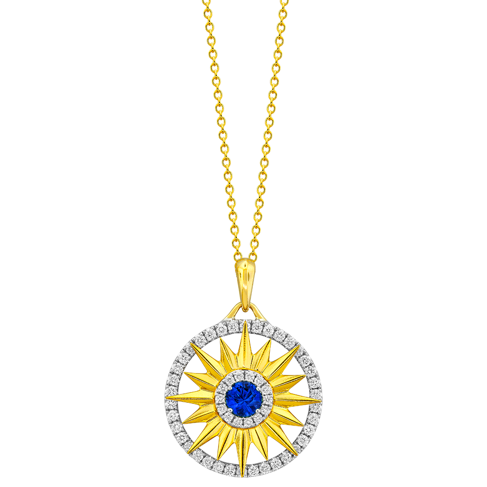 18K Yellow & White Blue Sapphire and Natural Diamond 17 inch Necklace