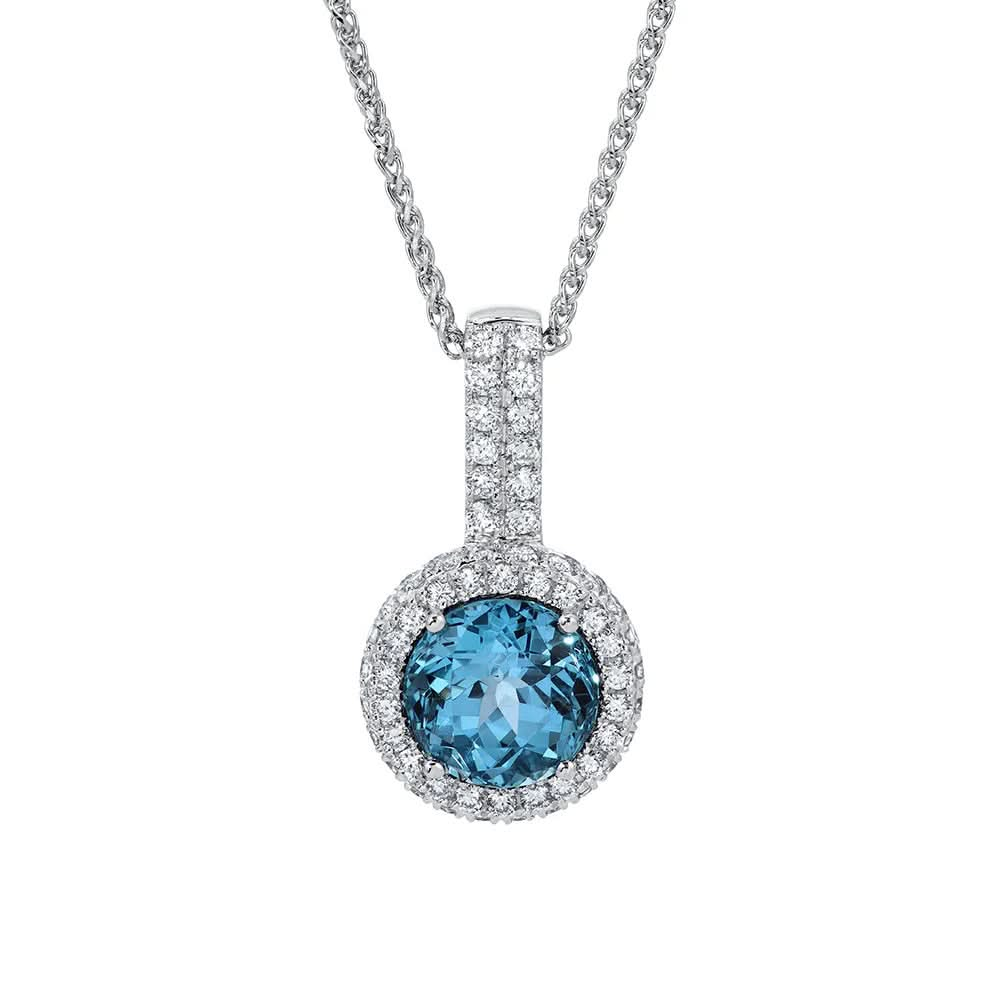 18K White Chatham Aqua Spinel and Lab Grown Diamond Pendant