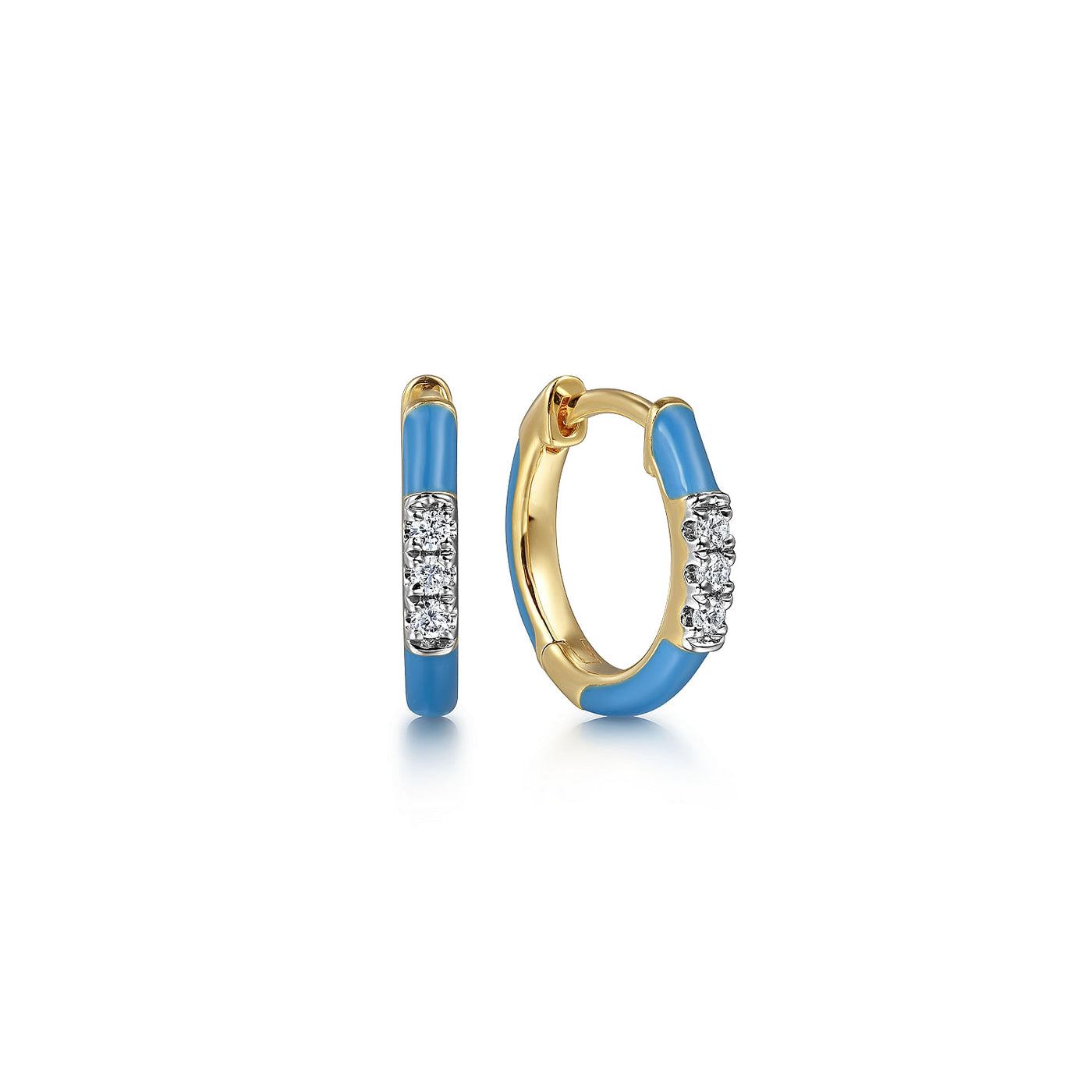 14K Yellow Gold Natural Diamond and Blue Enamel Huggie Earrings