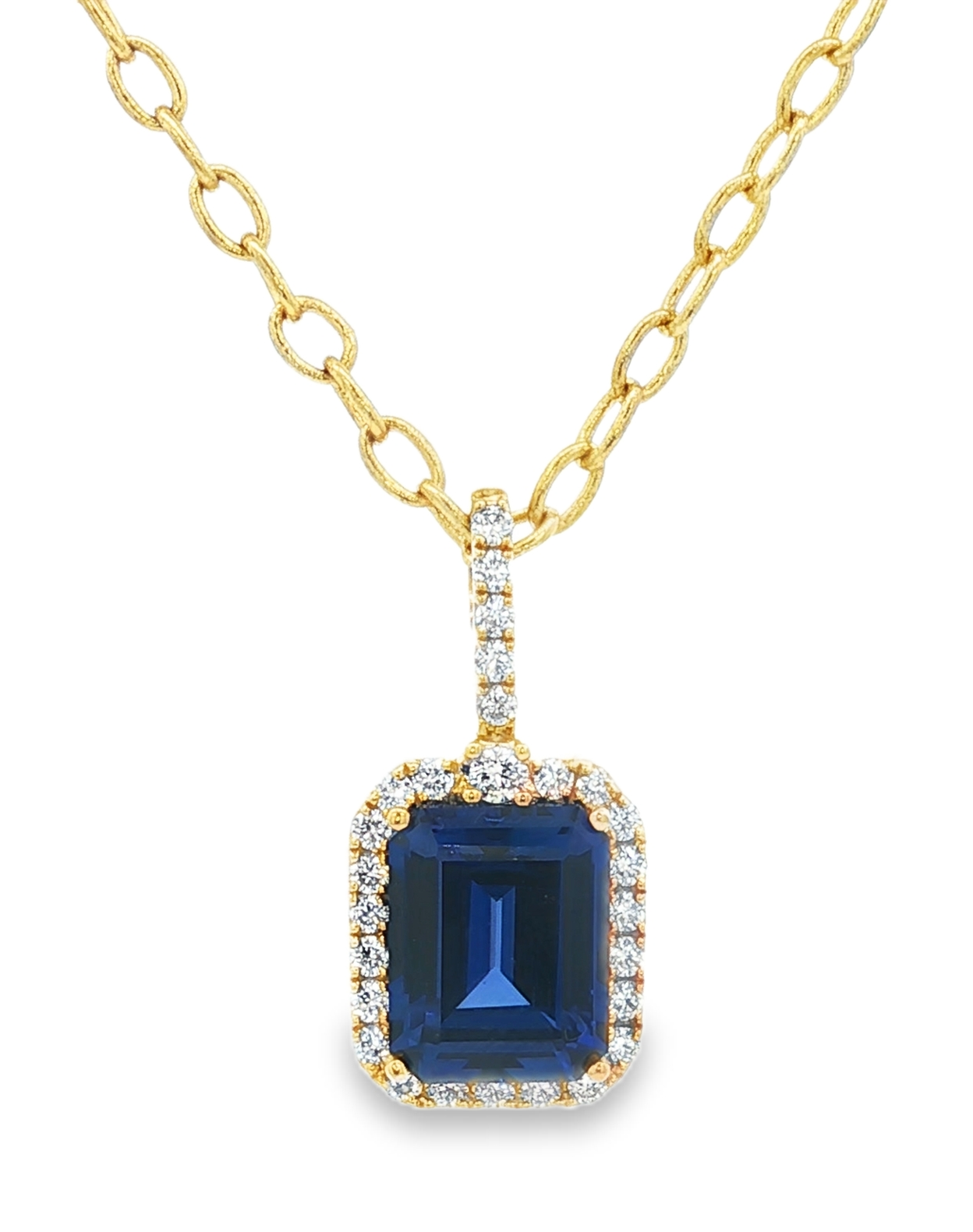 14K Yellow Gold Chatham Blue Sapphire and Lab Grown Diamond Pendant