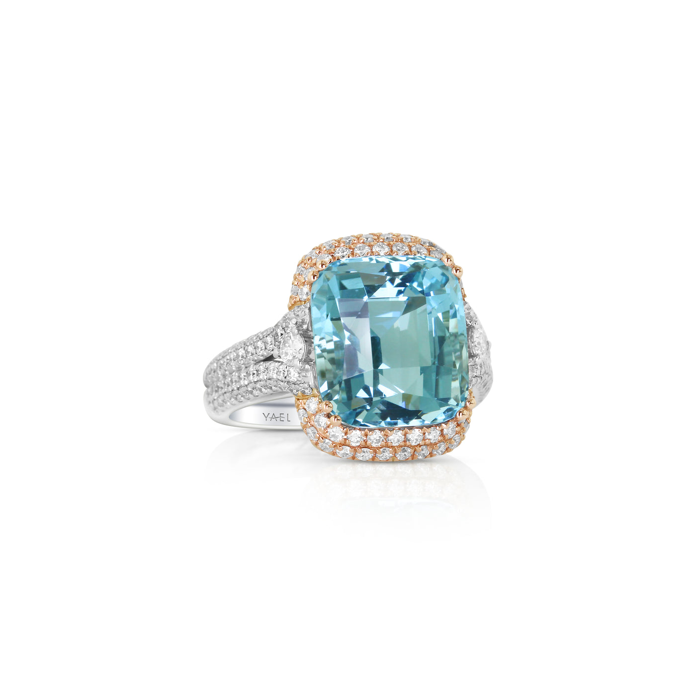 18K White & Rose Gold Double Halo Aquamarine and Natural Diamond Ring