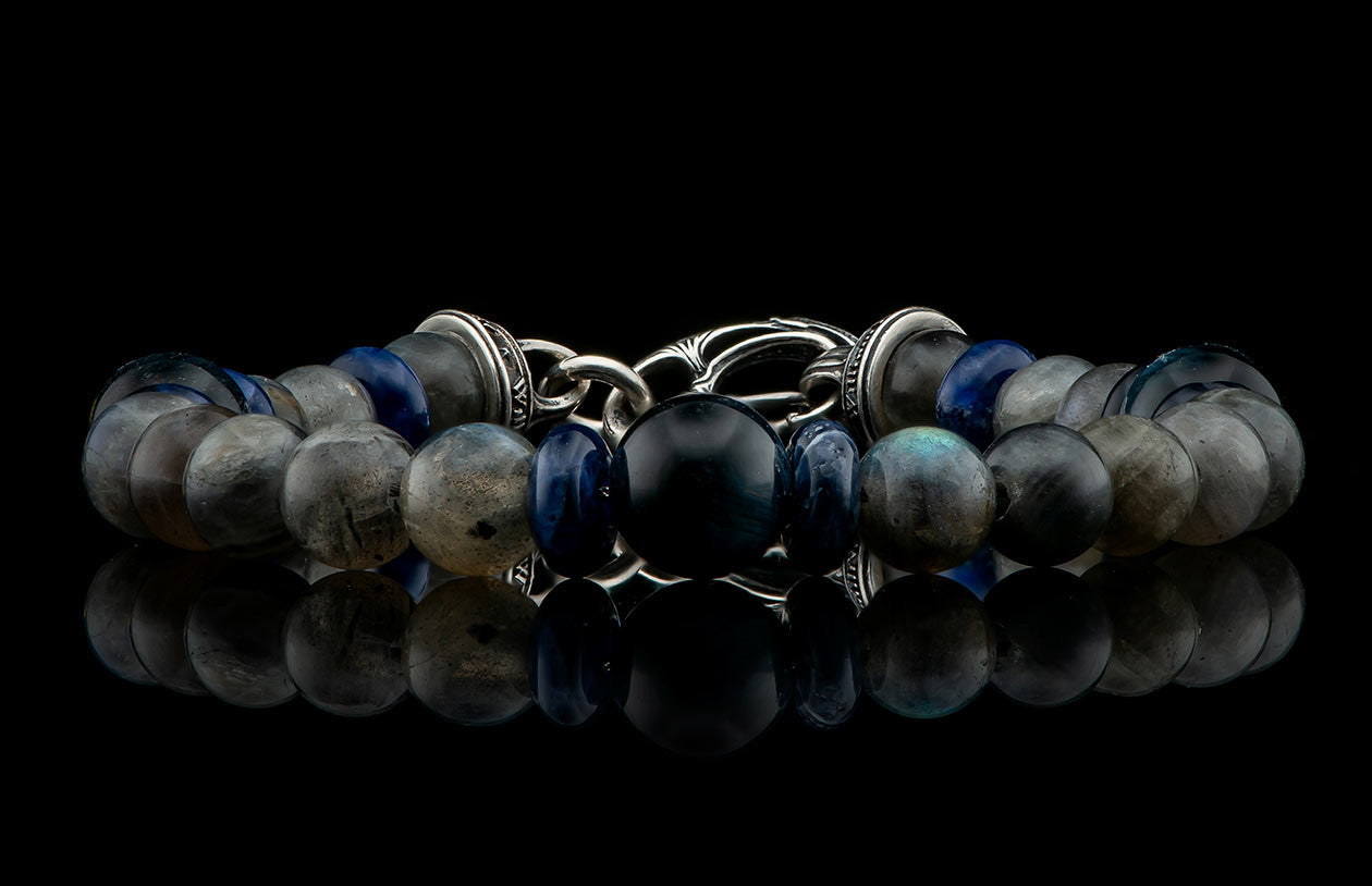 Sterling Silver "MAGICIAN" Blue Tiger Eye, Sodalite 8.5 inch Bracelet