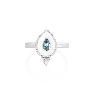 14K White Contemporary White Enamel, Aquamarine and Natural Diamond Ring Size 6.5