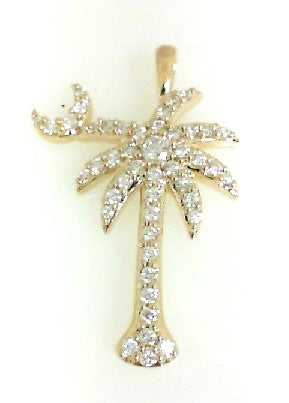 14K Yellow Natural Diamond Palm Tree w/Moon Pendant