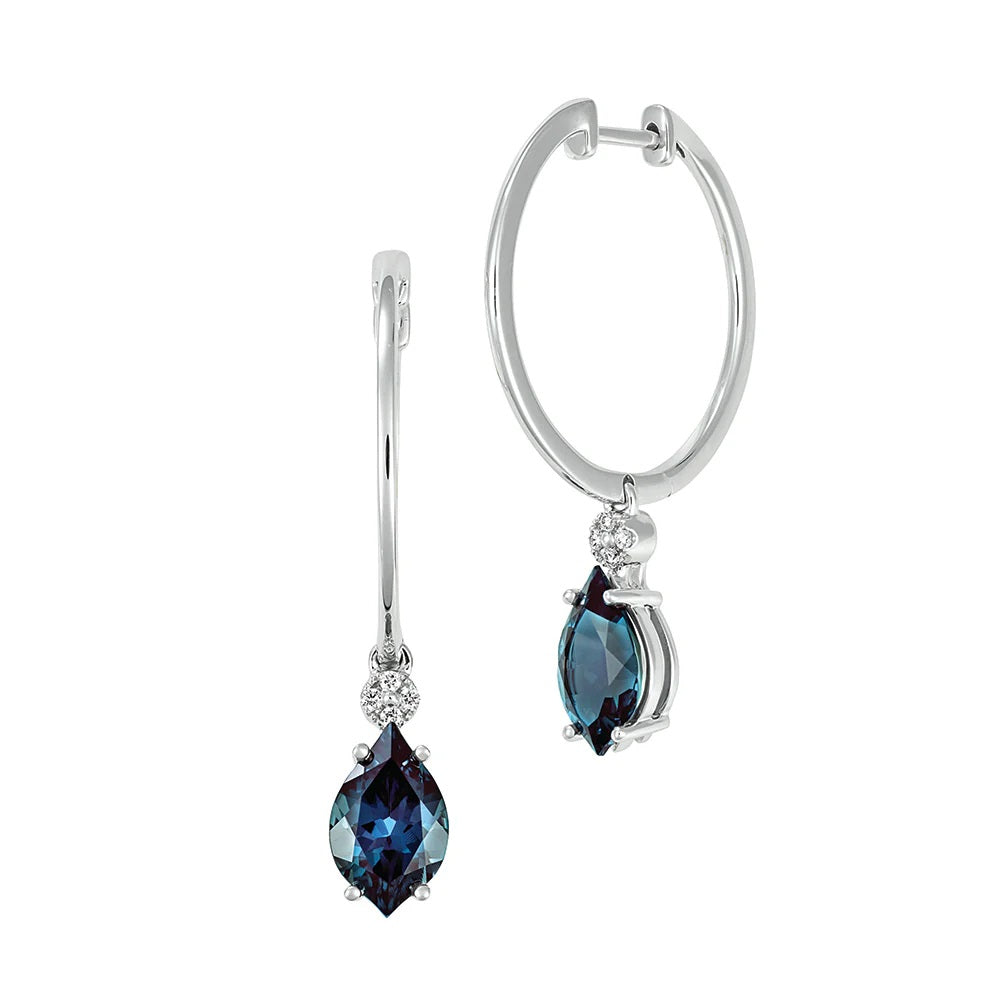 14K White Chatham Alexandrite and Lab Grown Diamond Earrings