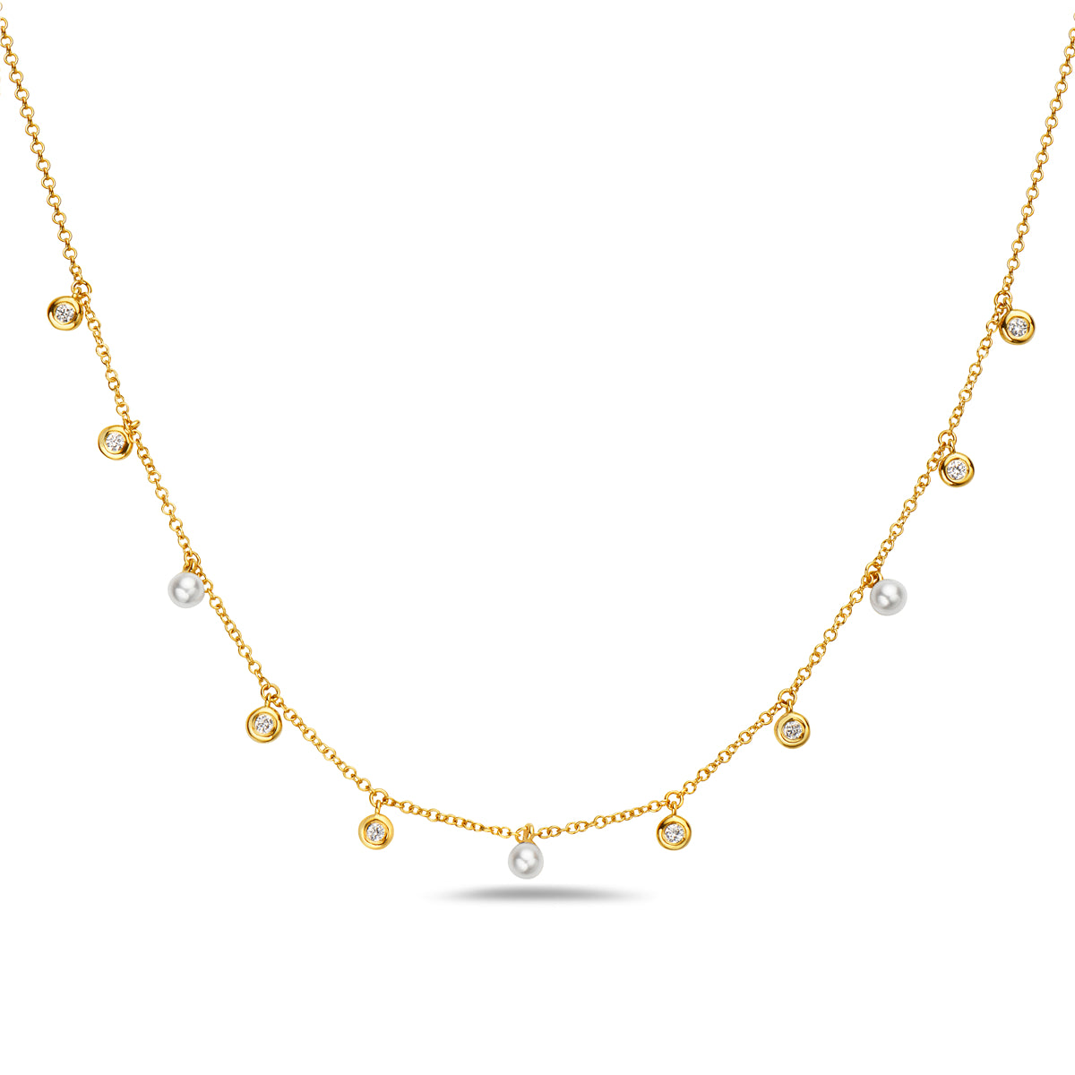 14K Yellow Gold Natural Diamond and Fresh Water Pearl Station Necklace