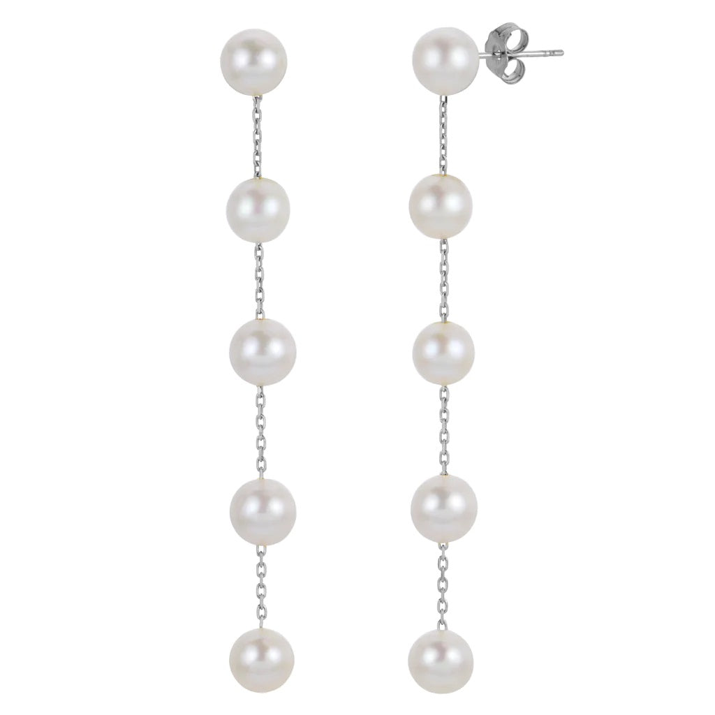 14K White 6 mm Fresh Water Pearl Dangle Earrings