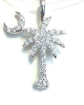 14K White Natural Diamond Palm Tree w/Moon Pendant