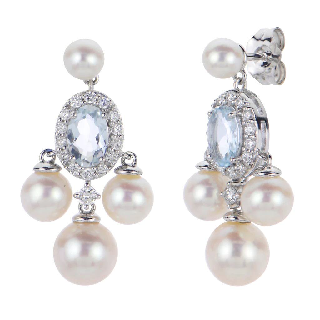 14K White 6 mm Fresh Water Pearl, Aquamarine and Natural Diamond Stud Earrings
