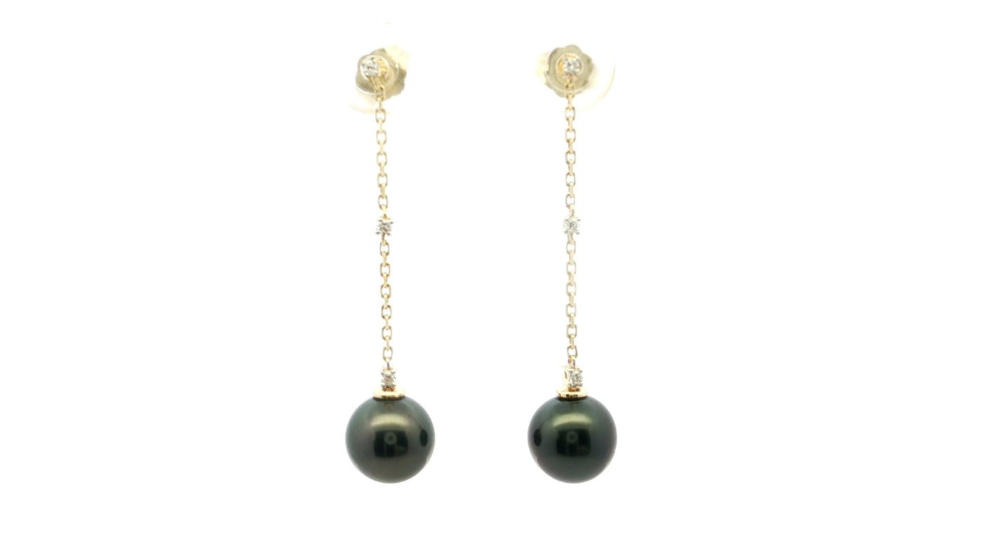 14K Yellow 8 to 9 mm Cultured Tahitian Pearl and Natural Diamond Dangle Earrings