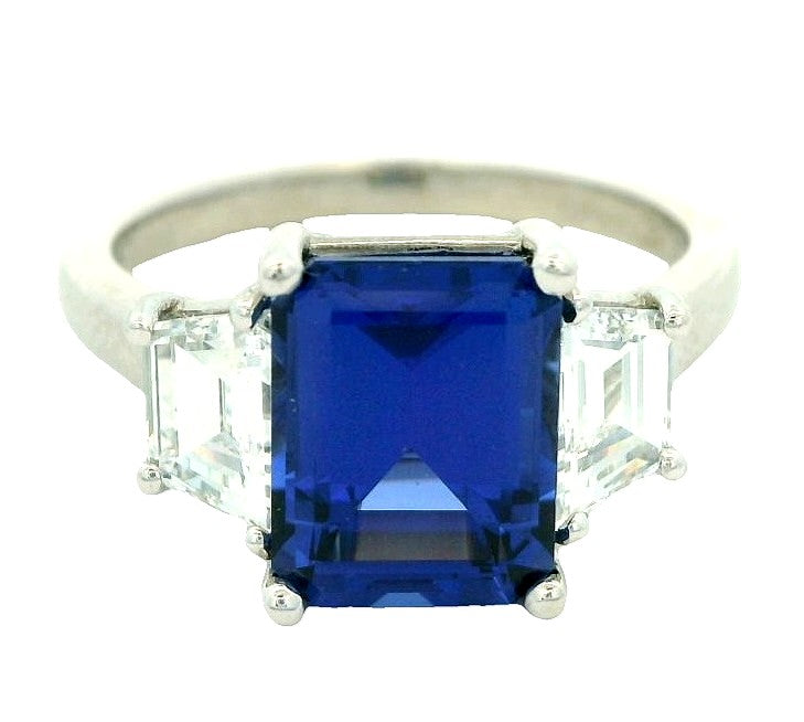 Platinum Three Stone Blue Sapphire and Natural Diamond Ring