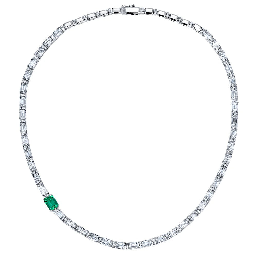 18K White Chatham Emerald and Lab Grown Diamond 16 inch Necklace