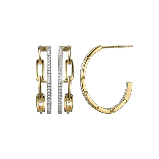 Sterling/14K Yellow Paper Clip Hoop Earrings with Cubic Zirconium