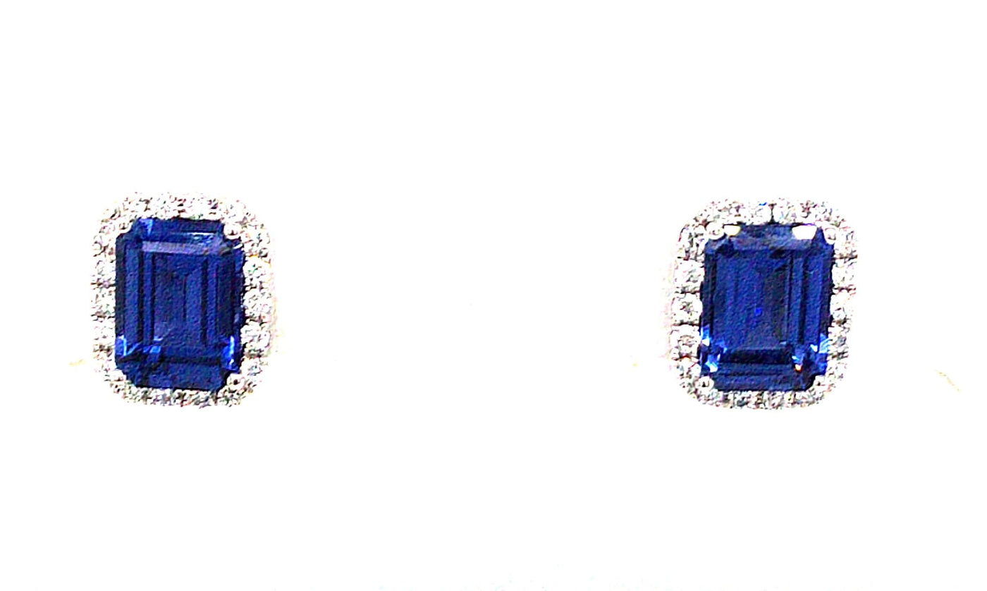 14K White Chatham Sapphire and Lab Grown Diamond Stud Earrings