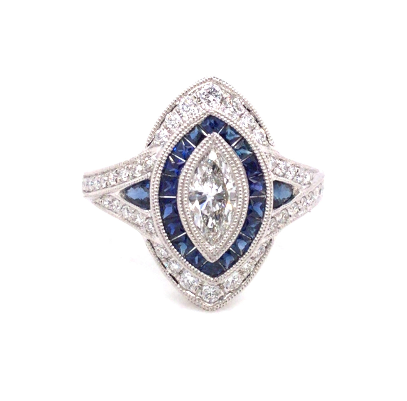 14K White Vintage Sapphire and Natural Diamond Ring Size 6.5