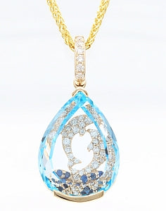 14K Yellow Gold Blue Topaz, Blue Sapphire and Natural Diamond Dolphin Necklace