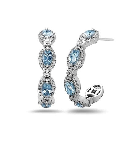 18K White Aquamarine and Natural Diamond Hoop Earrings