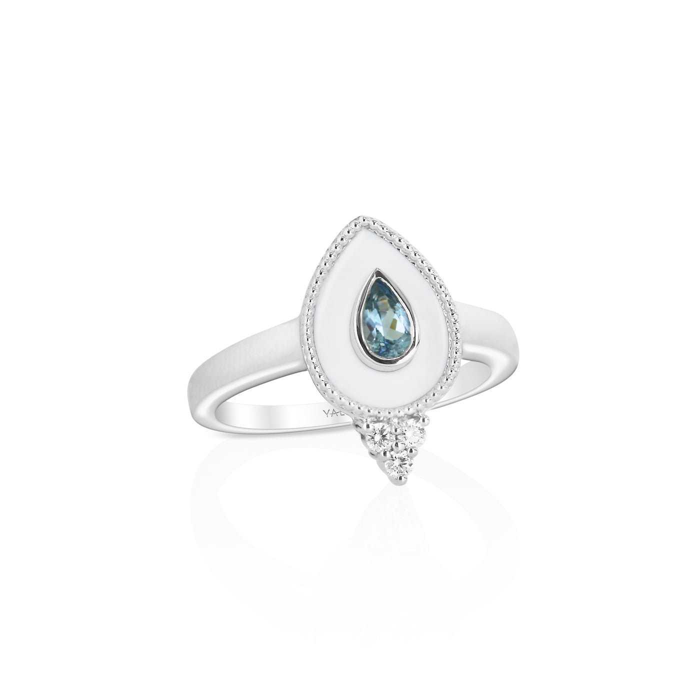 14K White Contemporary White Enamel, Aquamarine and Natural Diamond Ring Size 6.5