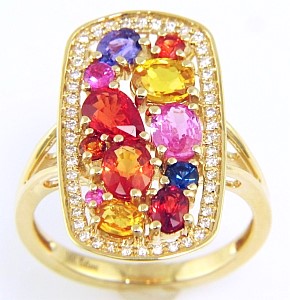 14K Yellow Halo Multi-Colored Sapphires and Natural Diamond Ring Size 7