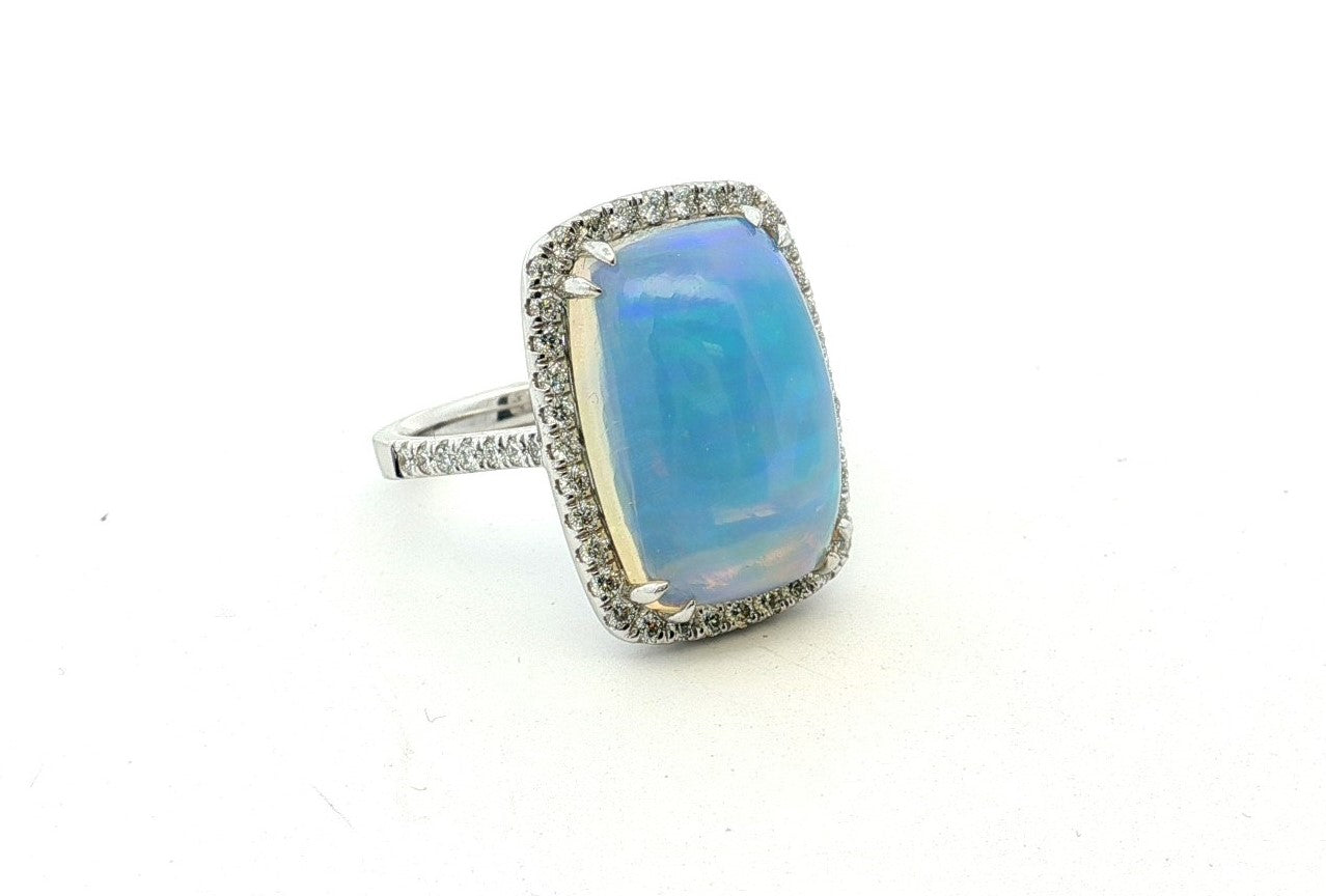 14K White Solitaire Opal and Natural Diamond Ring Size 6.75