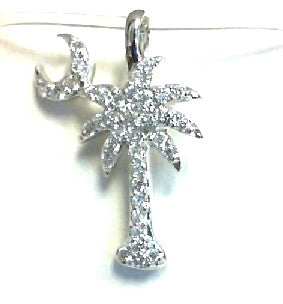 14K White Natural Diamond Palm Tree w/Moon Pendant