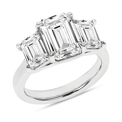 14K White Emerald Cut Lab Grown Diamond Three Stone Engagement Ring